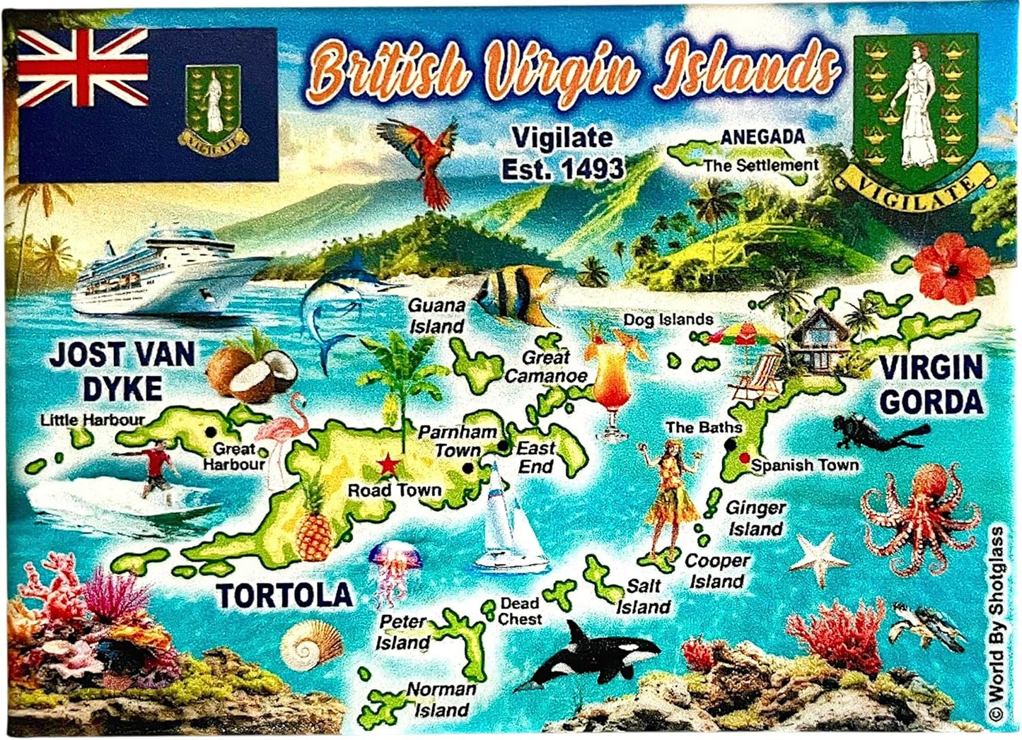 British Virgin Islands Tortola Graphic Map and Attractions Souvenir Fridge Magnet 2.5" X 3.5"