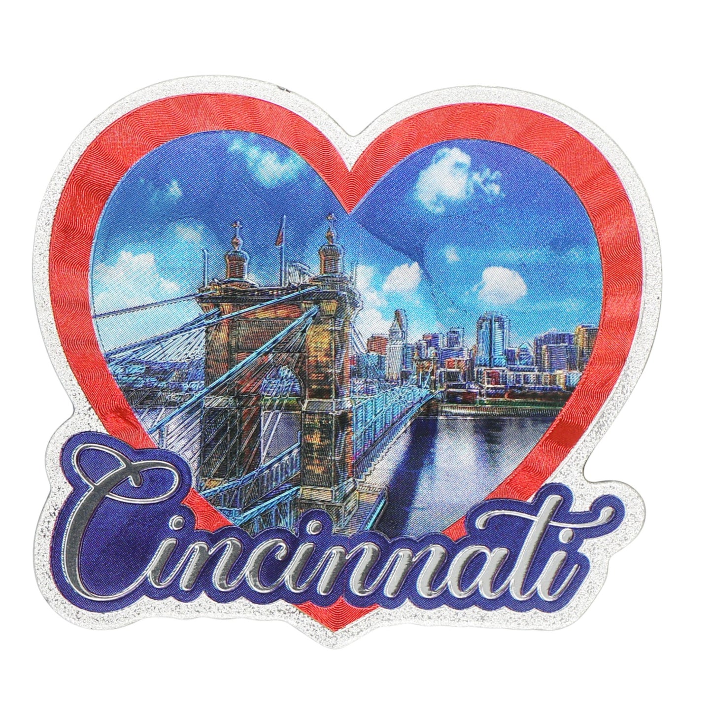 Cincinnati Ohio Heart Blue Sky Bridge Foil Magnet 3.0" x 3.0" x 0.125"