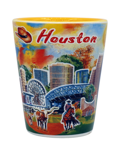Houston Texas Yellow Skyline Ceramic Shot Glass