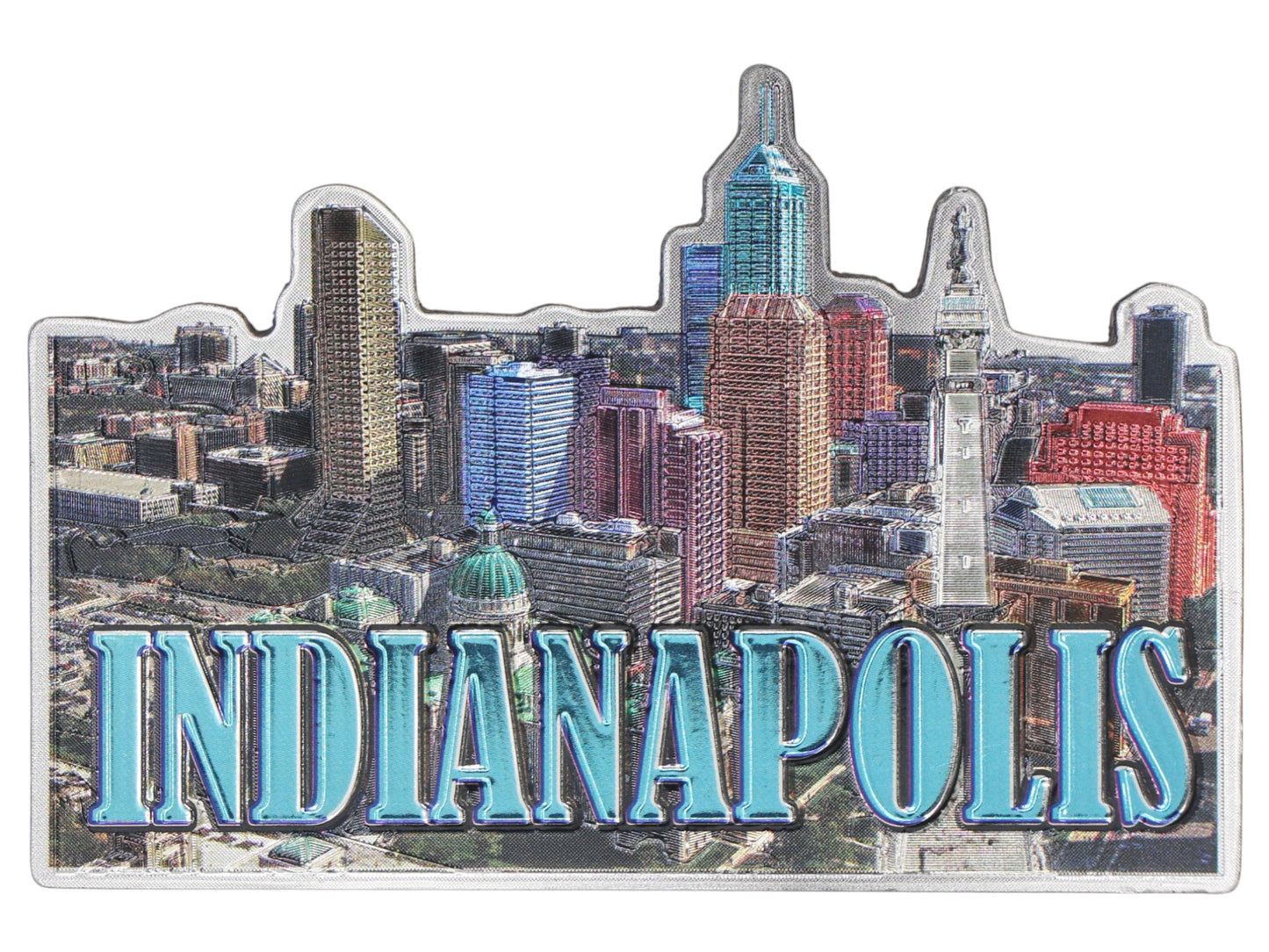 Indianapolis Indiana Skyline Light Blue Words Foil Magnet 3.75"x 2.5"x 0.125"