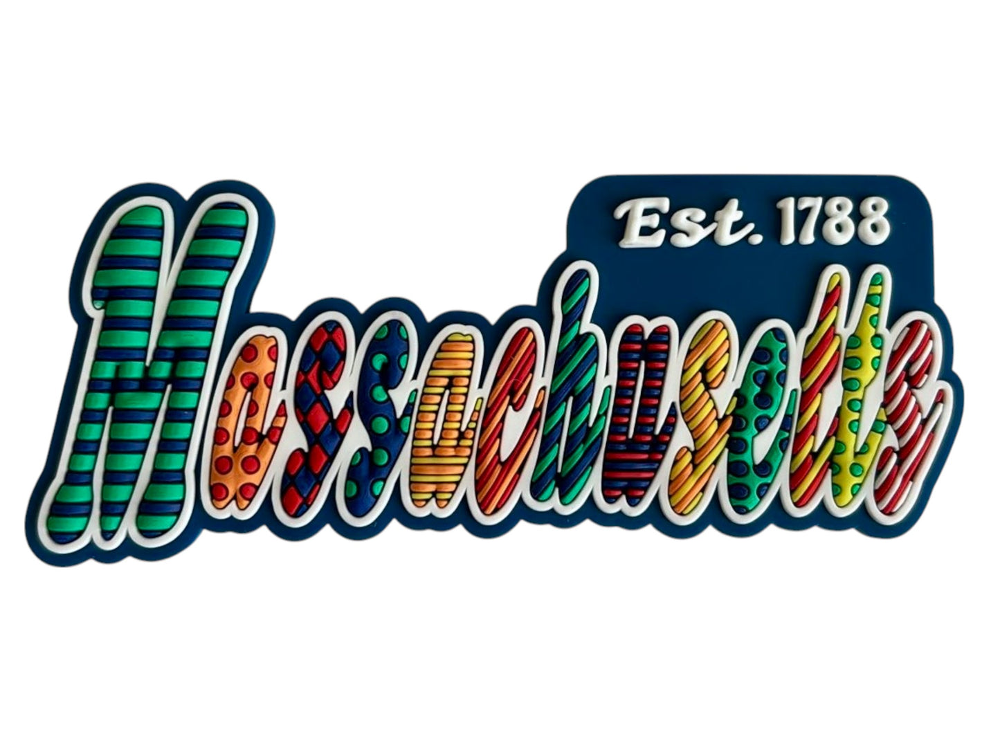 Massachusetts Festive Multicolor Letters Fridge Designer Magnet 3.25" x 1.25"