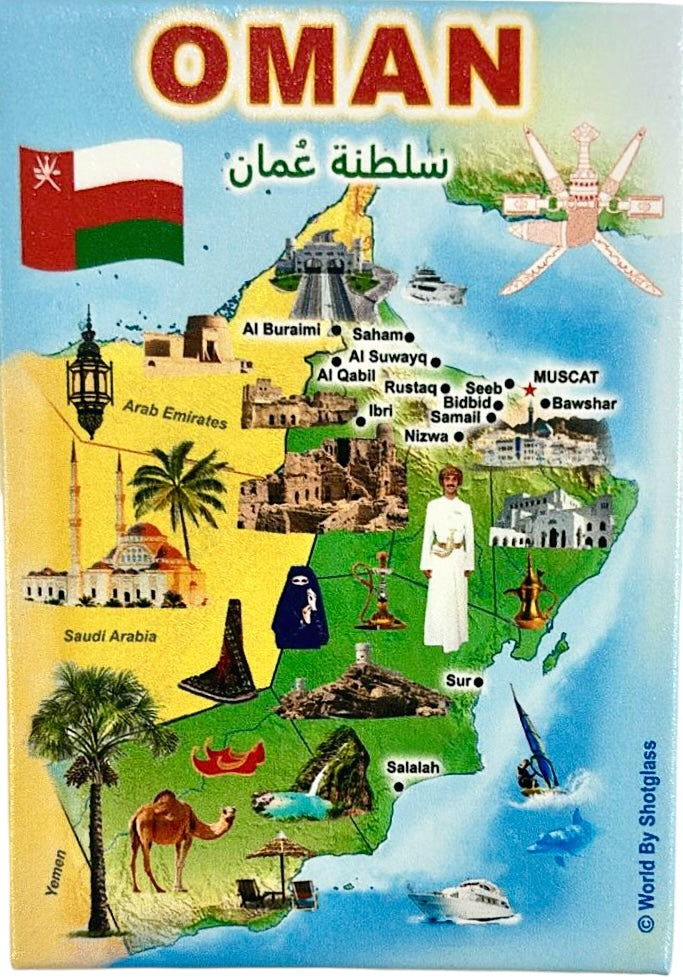 Oman Graphic Map and Attractions Souvenir Fridge Magnet 2.5" X 3.5"