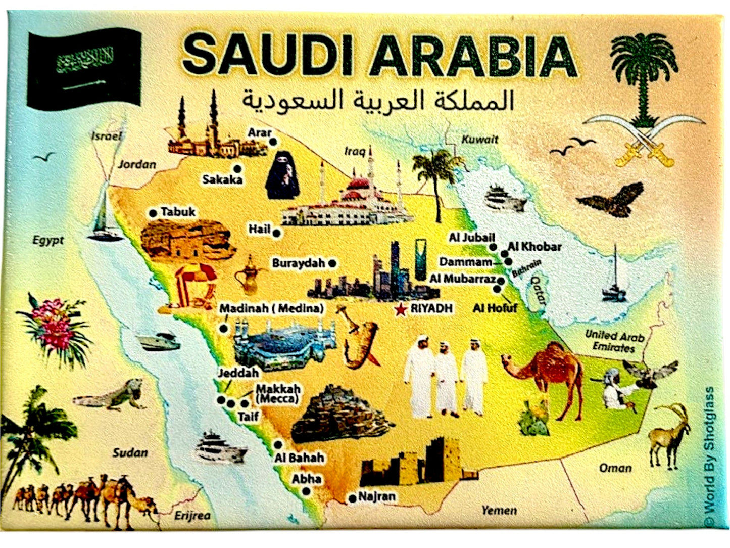 Saudi Arabia Graphic Map and Attractions Souvenir Fridge Magnet 2.5" X 3.5"