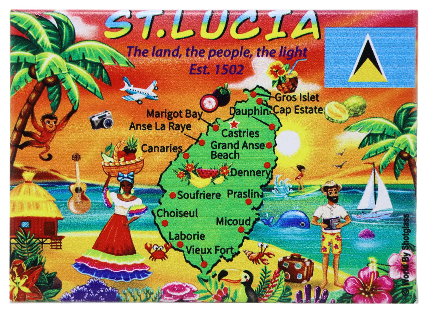 St. Lucia Graphic Map and Attractions Souvenir Fridge Magnet 2.5" X 3.5"