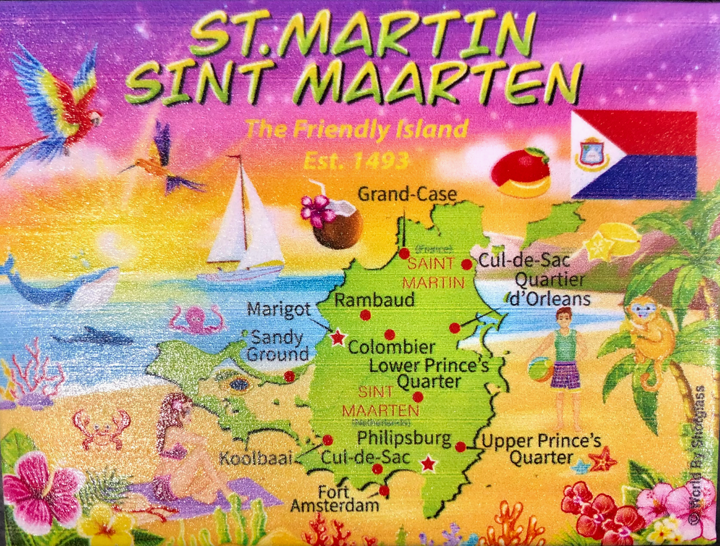 St. Martin/St.Maarten Graphic Map and Attractions Souvenir Fridge Magnet 2.5" X 3.5"
