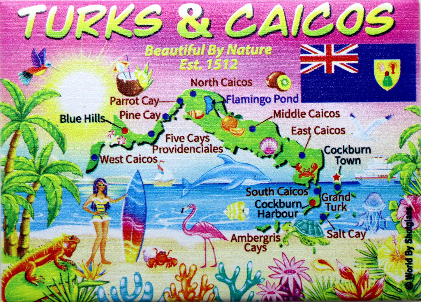 Turks & Caicos Graphic Map and Attractions Souvenir Fridge Magnet 2.5" X 3.5"