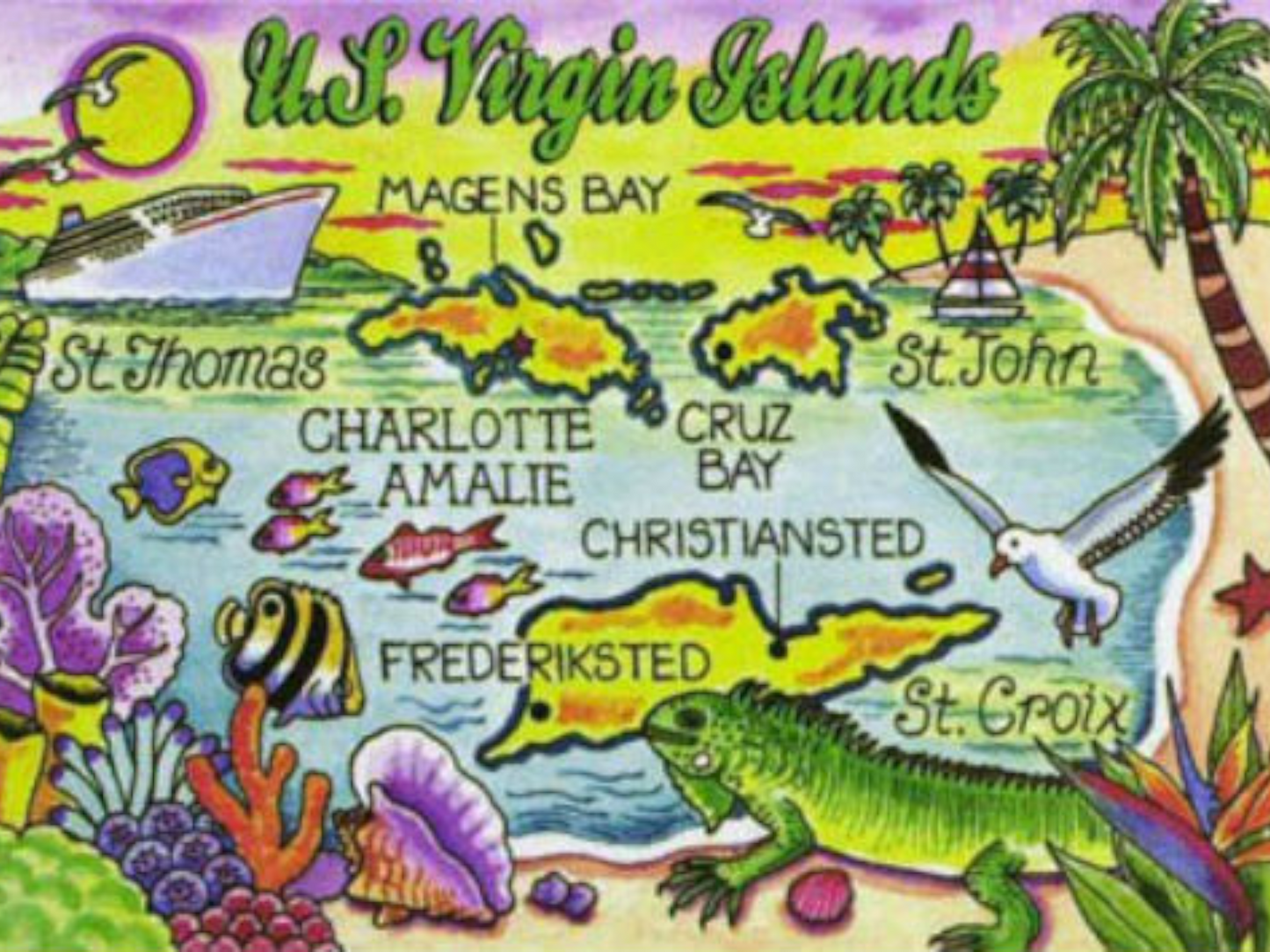 US Virgin Islands Graphic Map and Attractions Souvenir Fridge Magnet 2.5" X 3.5"