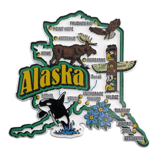 Alaska State Map and Landmarks Collage Fridge Collectible Souvenir Magnet