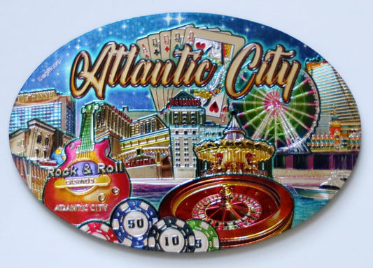 Atlantic City New Jersey Skyline Oval Foil Magnet 3.75" x 2.5" x 0.125"