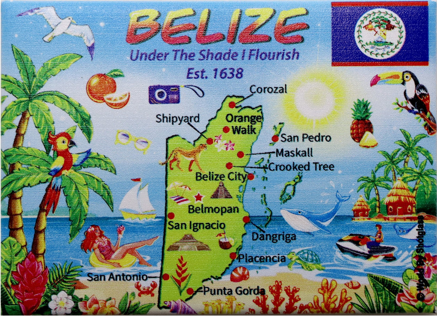 Belize Graphic Map and Attractions Souvenir Fridge Magnet 2.5" X 3.5"