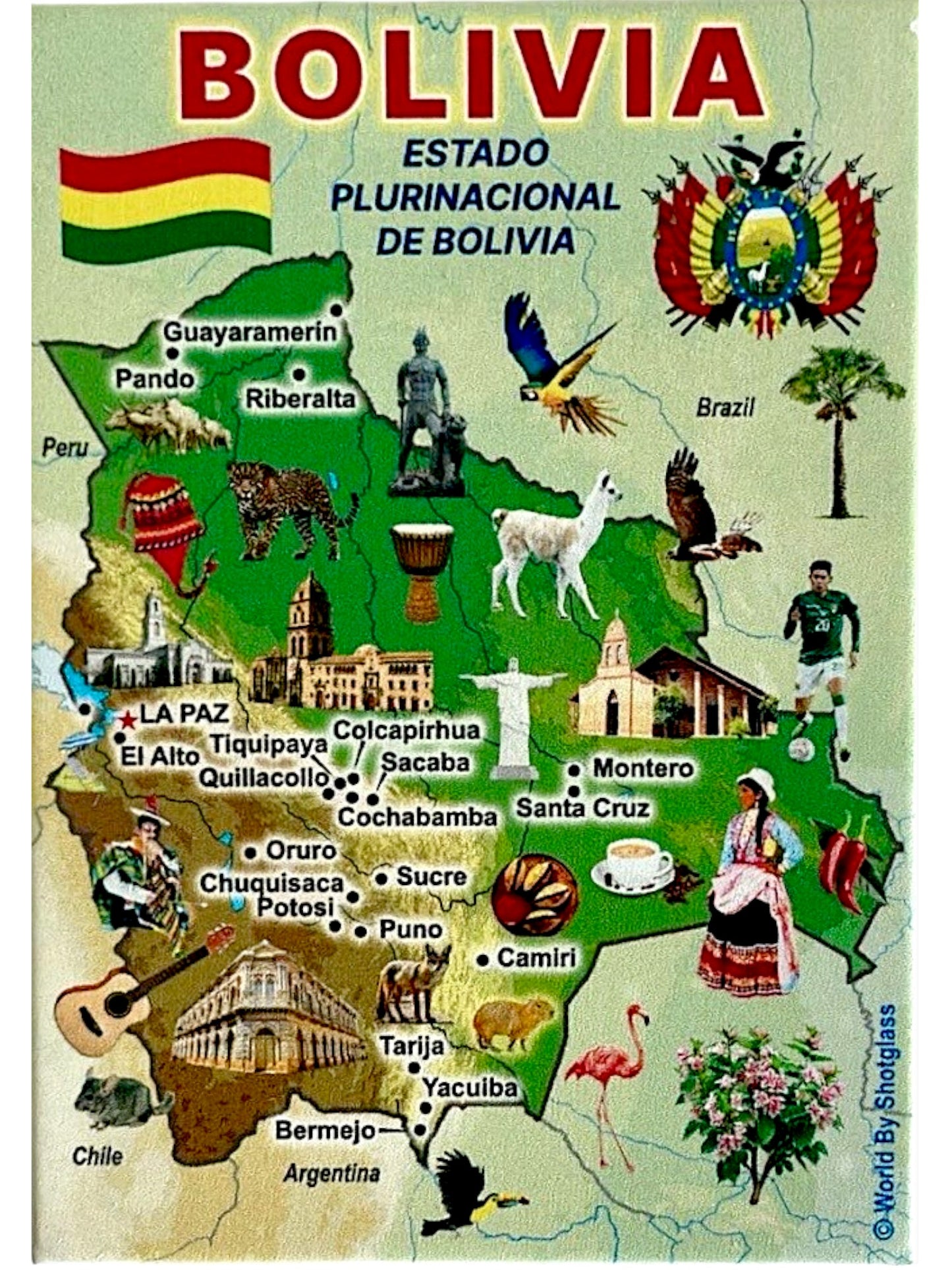 Bolivia Graphic Map and Attractions Souvenir Fridge Magnet 2.5" X 3.5"