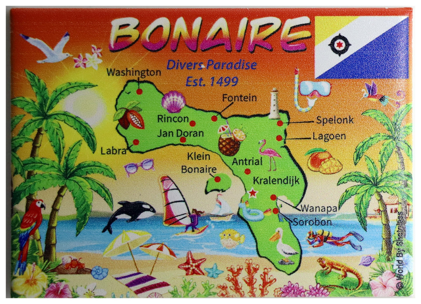 Bonaire Graphic Map and Attractions Souvenir Fridge Magnet 2.5" X 3.5"