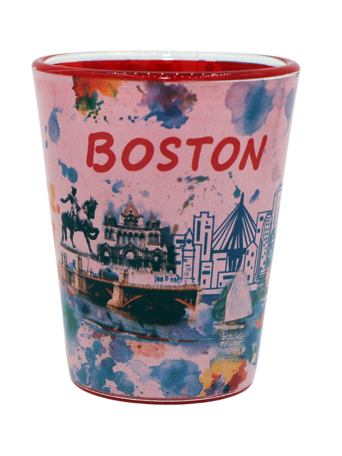 Boston Massachusetts Clear Water Color Red Inside Shot Glass