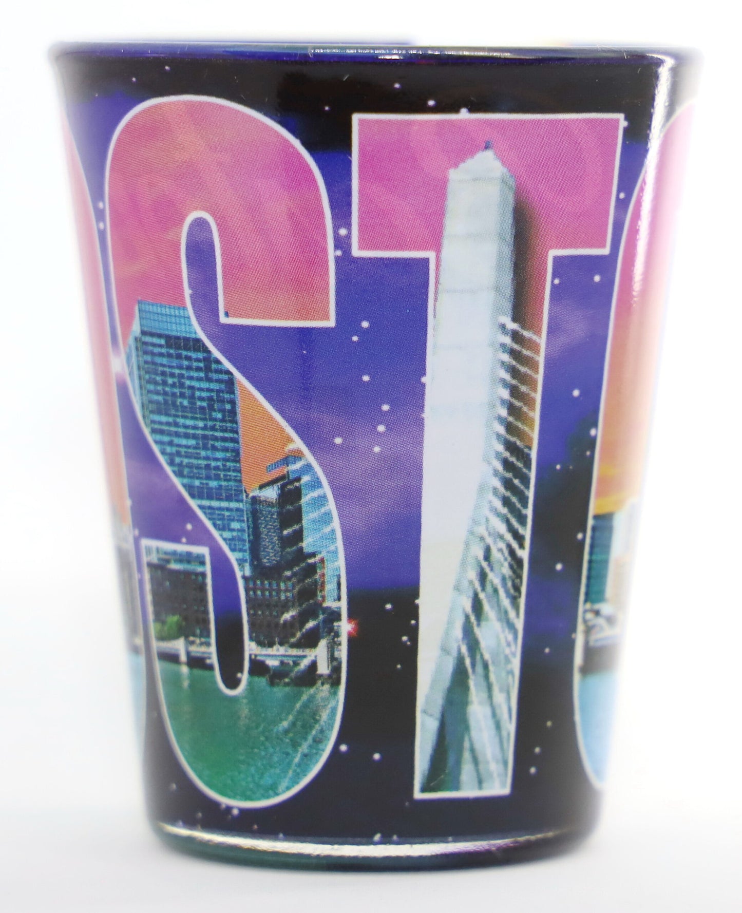 Boston Massachusetts Color Photo Letters Outside Blue Skyline Inside Shot Glass