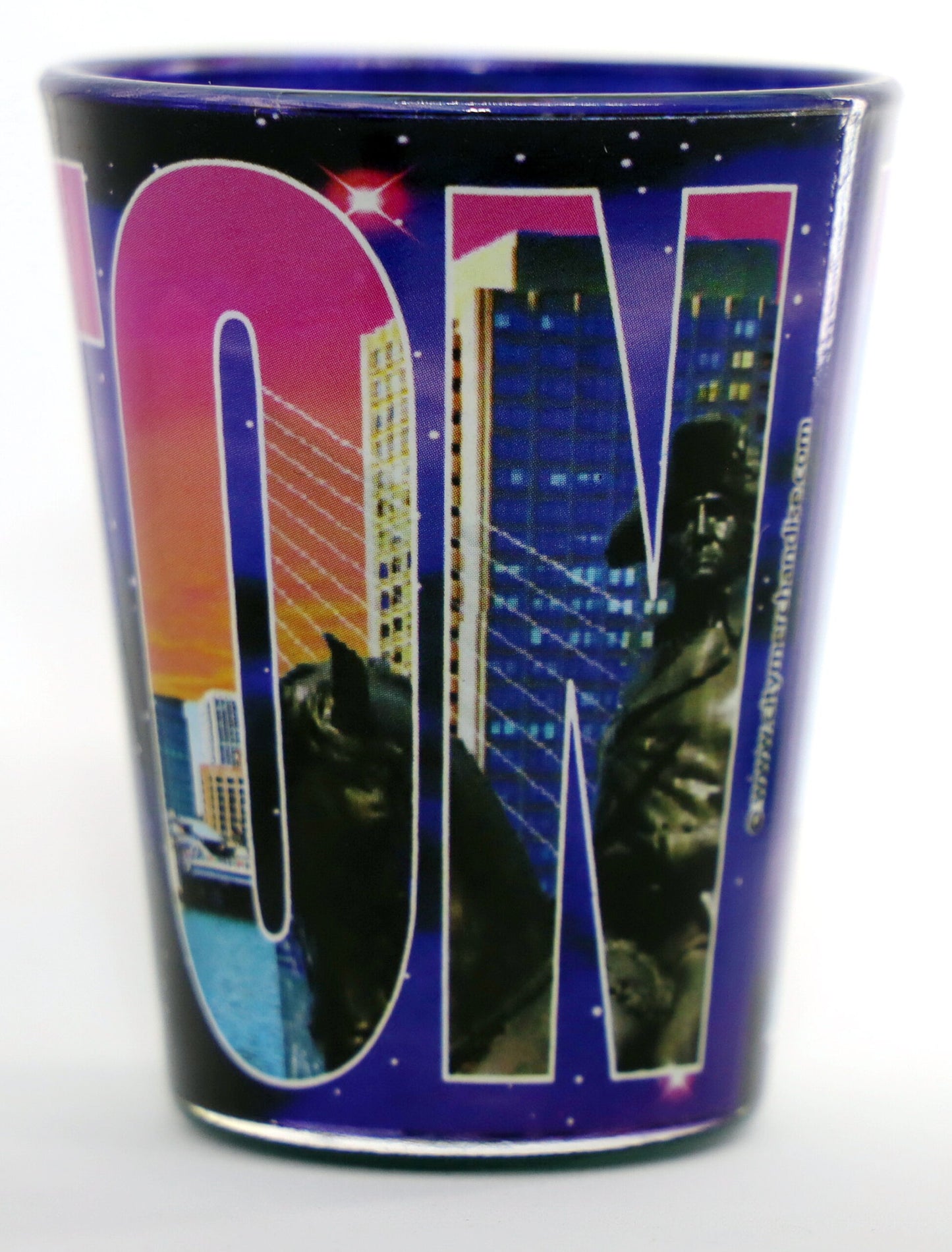 Boston Massachusetts Color Photo Letters Outside Blue Skyline Inside Shot Glass