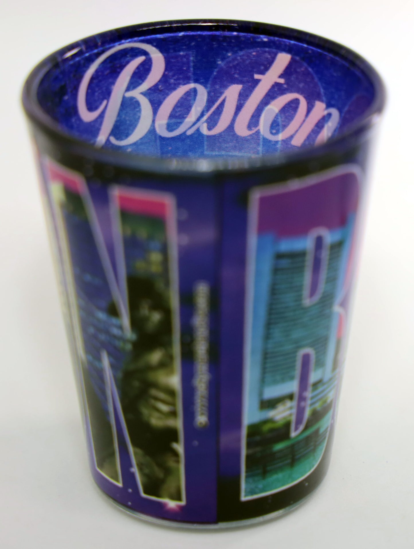 Boston Massachusetts Color Photo Letters Outside Blue Skyline Inside Shot Glass