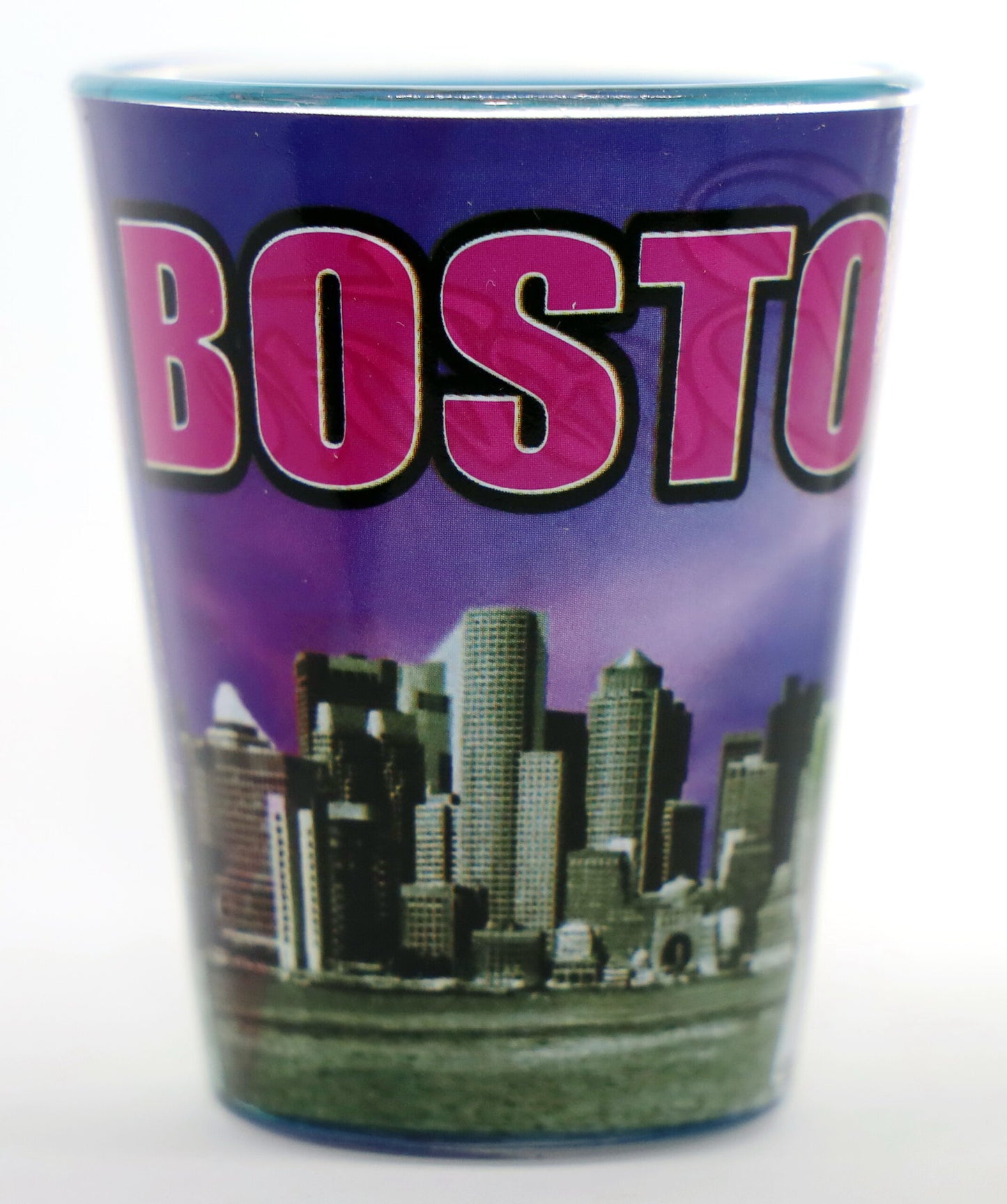 Boston Massachusetts Purple Grey Skyline Outside Blue Skyline Inside Shot Glass