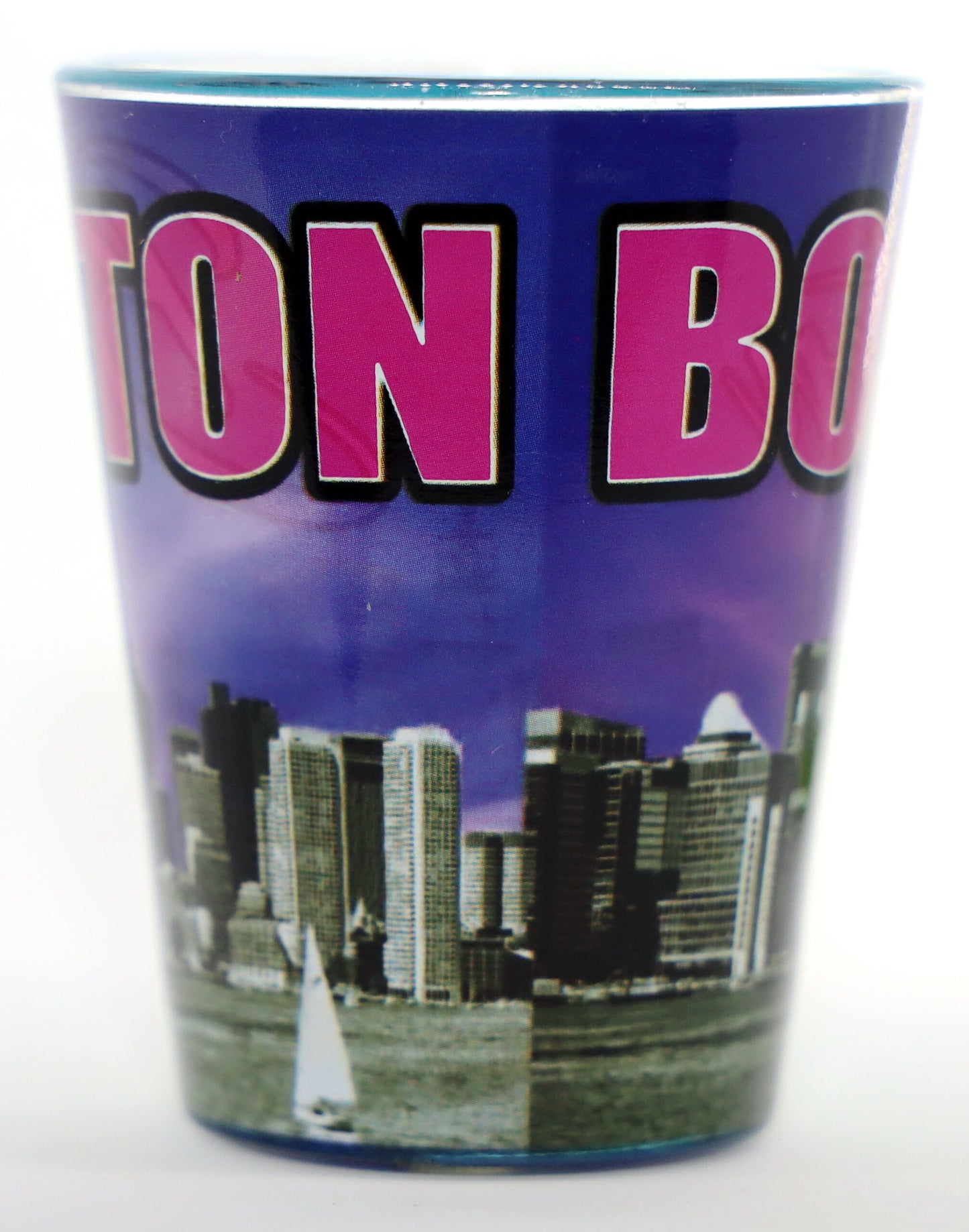 Boston Massachusetts Purple Grey Skyline Outside Blue Skyline Inside Shot Glass