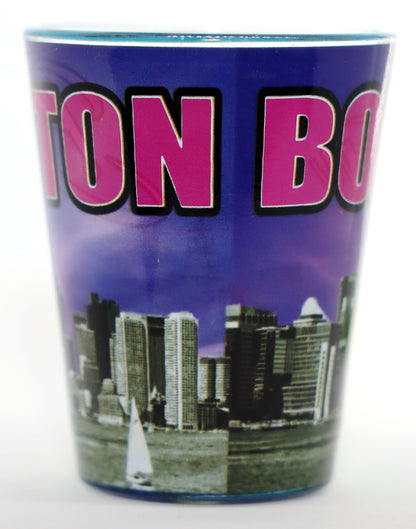 Boston Massachusetts Purple Grey Skyline Outside Blue Skyline Inside Shot Glass
