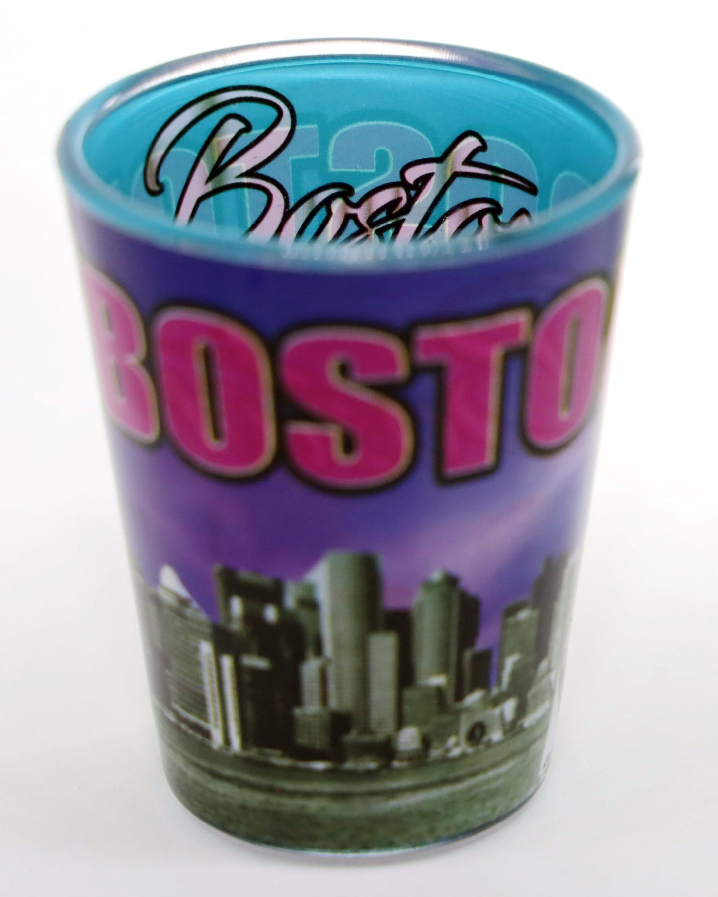 Boston Massachusetts Purple Grey Skyline Outside Blue Skyline Inside Shot Glass