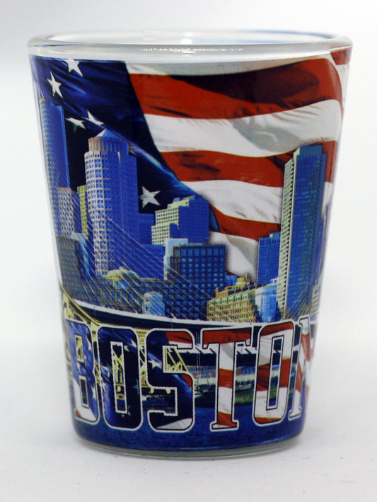 Boston Massachusetts USA Flag and Skyline Collage Shot Glass ctm