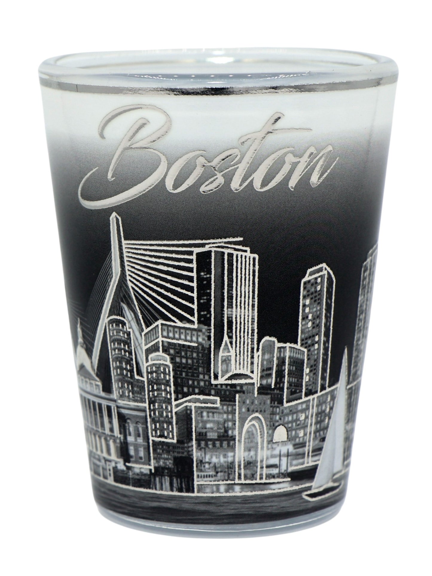 Boston Massachusetts White and Silver Skyline Shot Glass