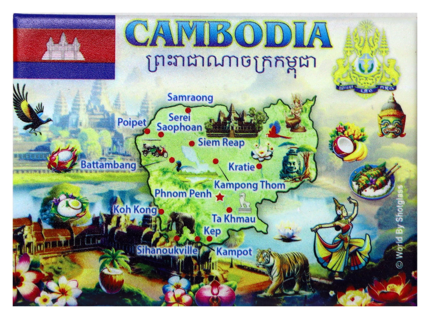 Cambodia Graphic Map and Attractions Souvenir Fridge Magnet 2.5" X 3.5"