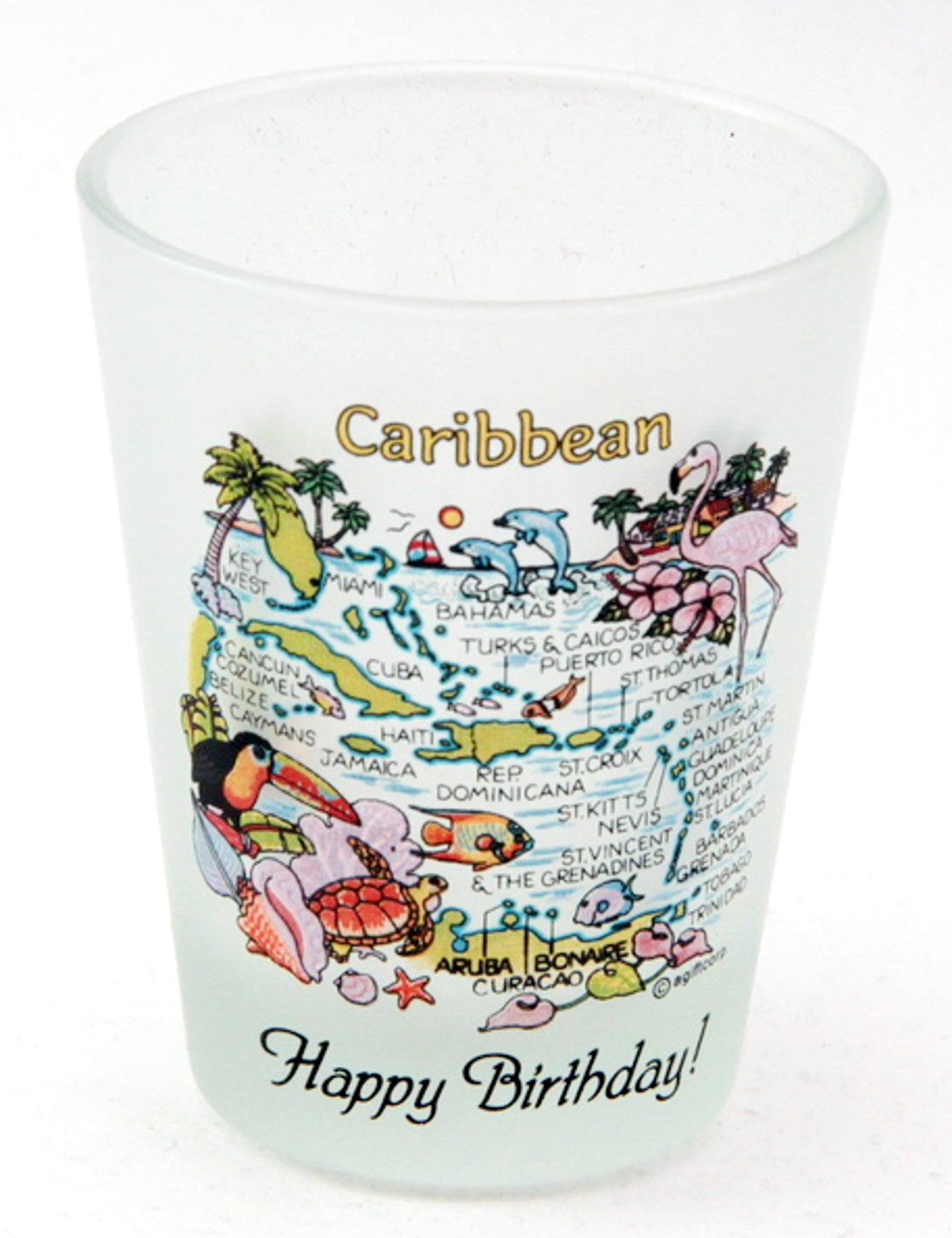 Caribbean Map Happy Birthday Frosted Shot Glass