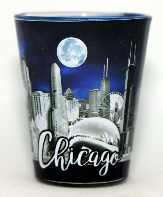 Chicago Illinois Night Moon Outside Blue Skyline Inside Shot Glass