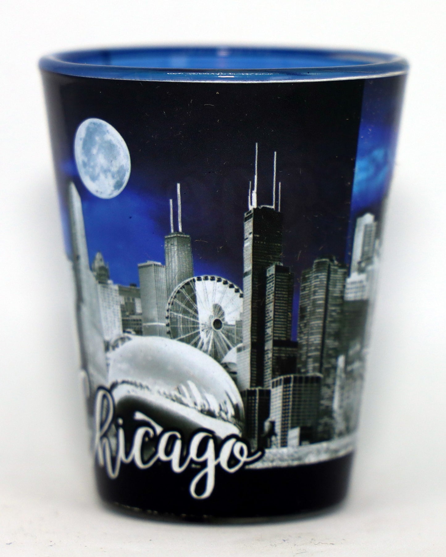 Chicago Illinois Night Moon Outside Blue Skyline Inside Shot Glass