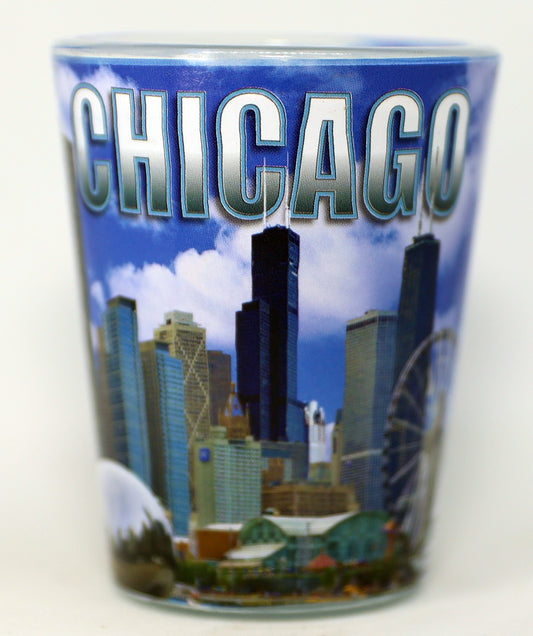 Chicago Illinois Photo Skyline White Blue Words Shot Glass