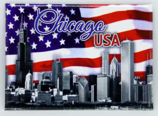 Chicago Illinois Postcard USA Flag Magnet 2.5" x 3.5"