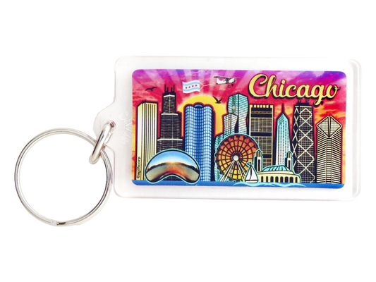 Chicago Illinois Skyline Acrylic Rectangular Souvenir Keychain 2.25" X 1.25"