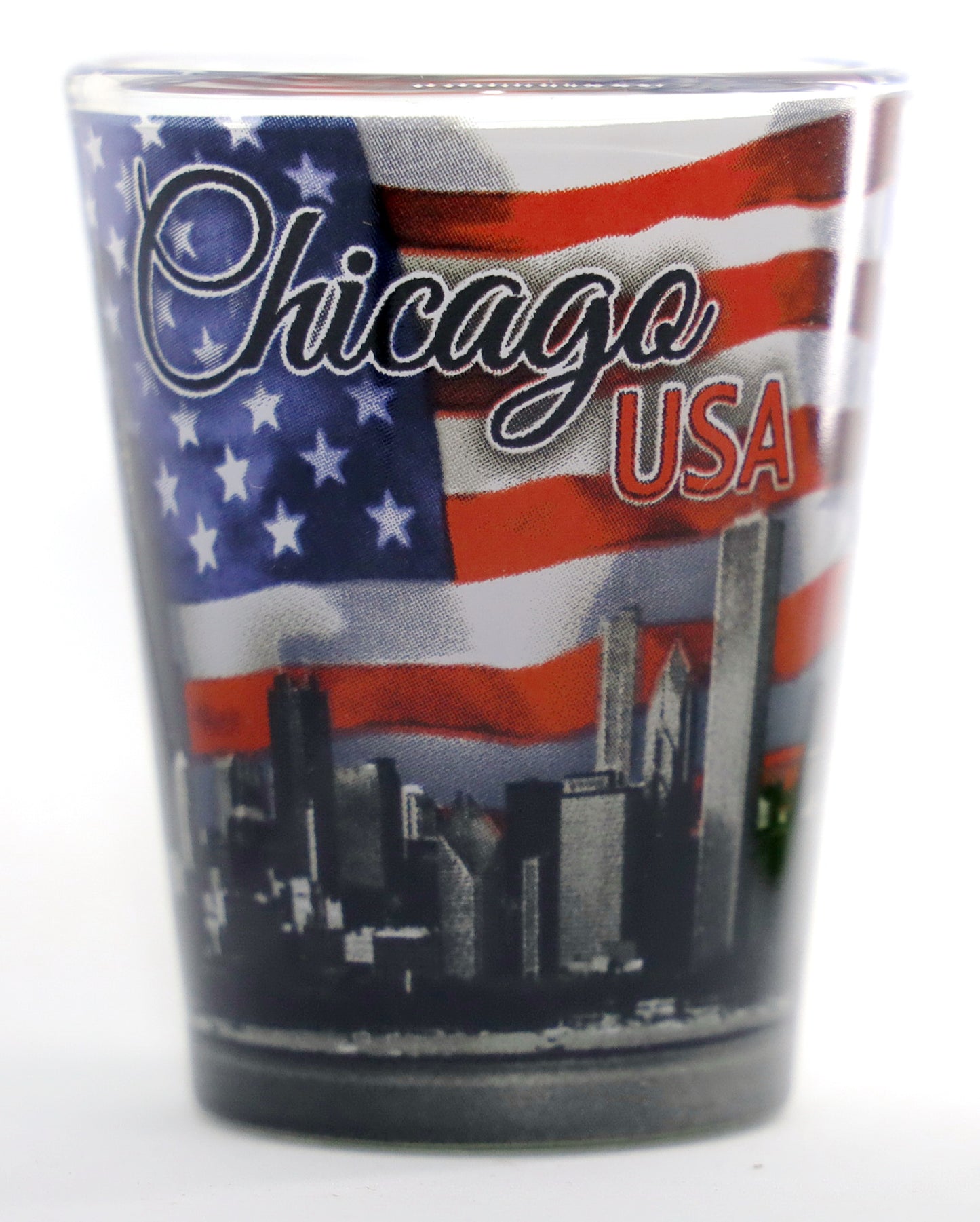 Chicago Illinois USA Flag Words Skyline Shot Glass