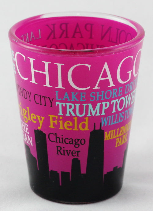 Chicago Illinois Pink Skyline and Words Collage Shot Glass