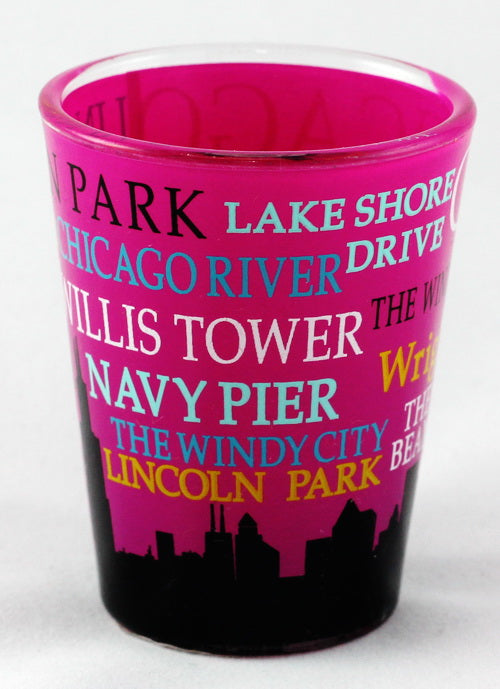 Chicago Illinois Pink Skyline and Words Collage Shot Glass