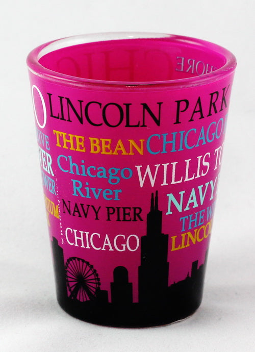 Chicago Illinois Pink Skyline and Words Collage Shot Glass