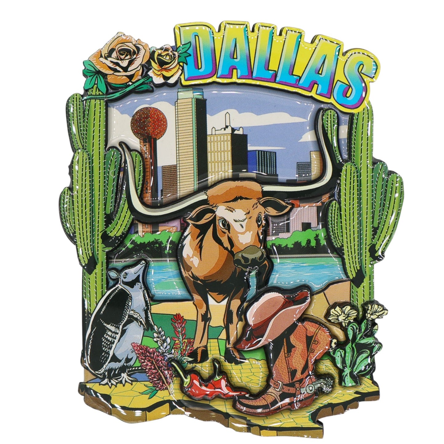 Dallas Texas Icons Wood Epoxy Magnet 3.75" x 3.25" x 0.4"