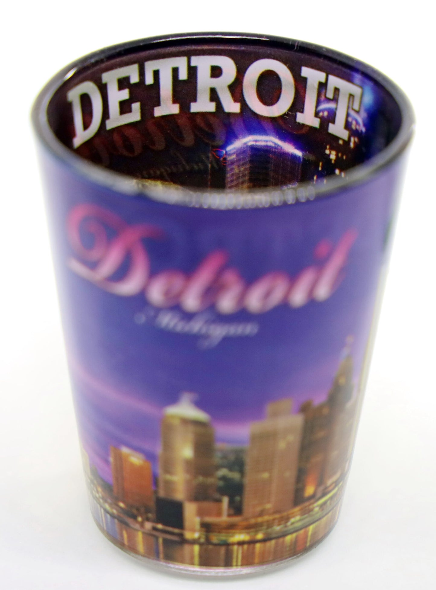 Detroit Michigan Evening Skyline Outside Dark Blue Skyline Inside Shot Glass