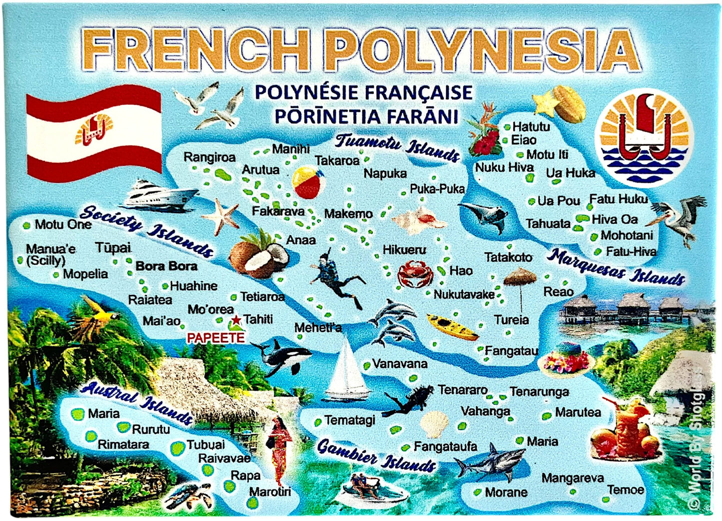 French Polynesia Graphic Map and Attractions Souvenir Fridge Magnet 2.5" X 3.5"