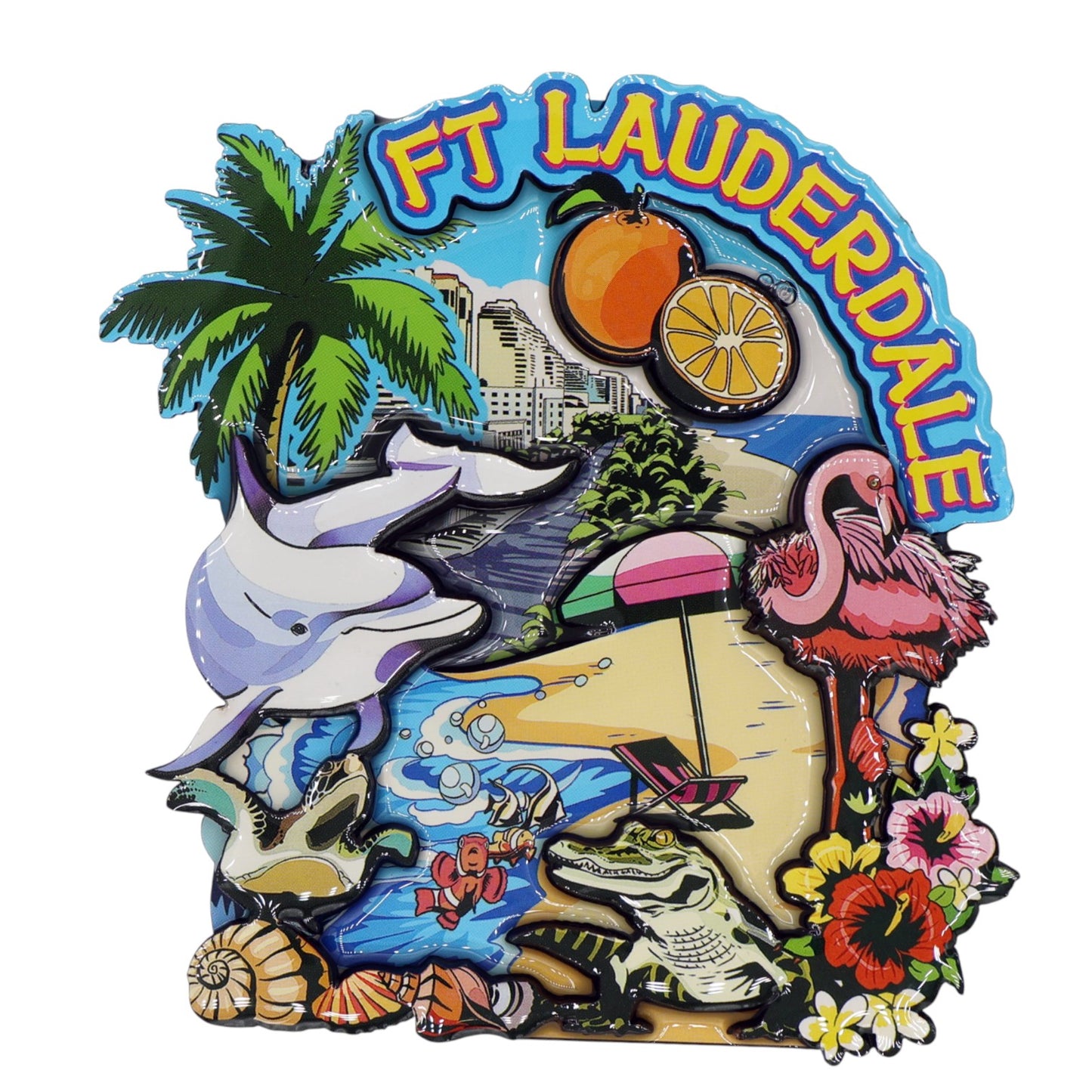 Fort Lauderdale Florida Beach and Fauna Wood Epoxy Magnet 3.75" x 3.5" x 0.4"