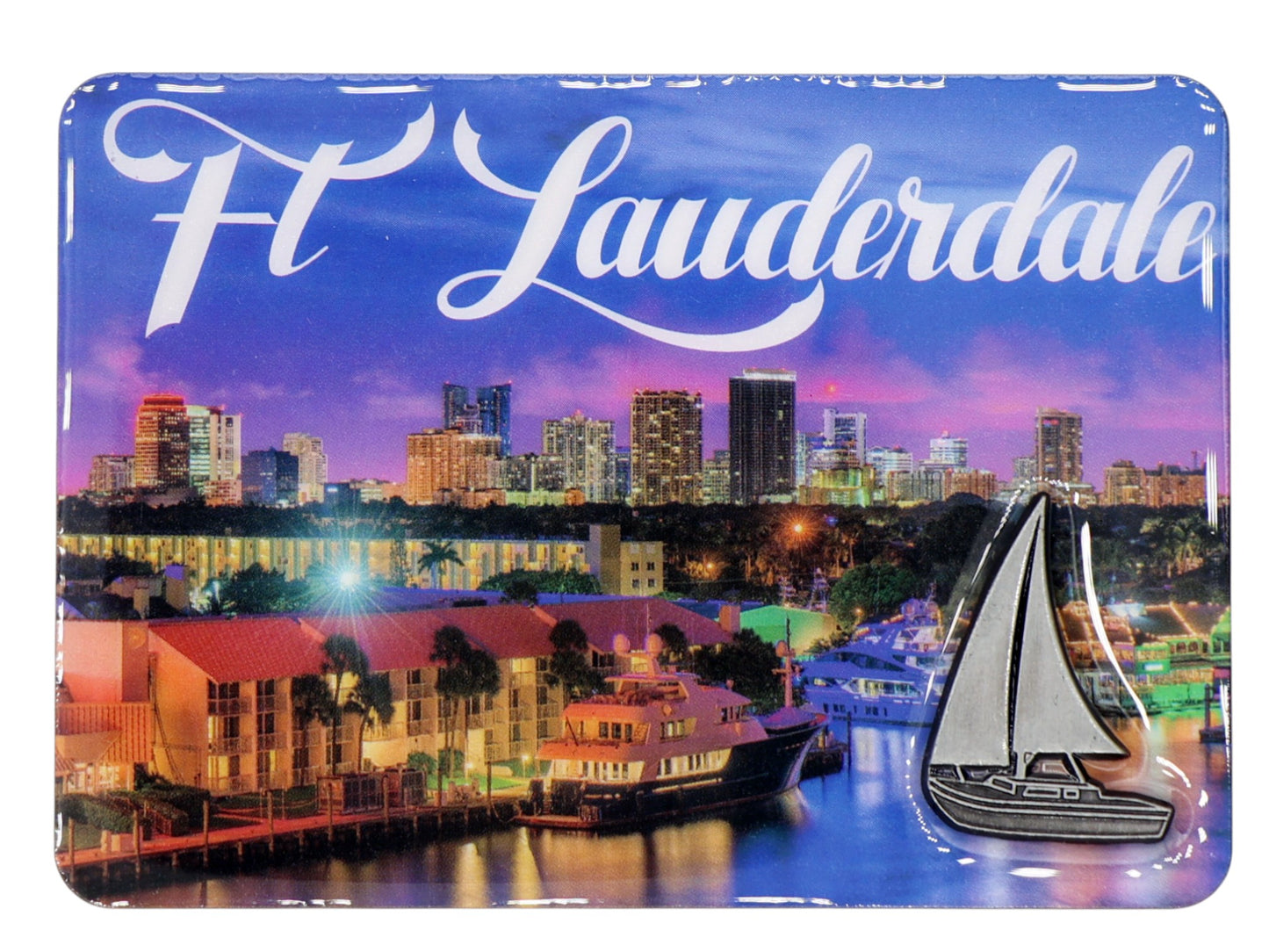 Fort Lauderdale Florida Night City Sky and Metal Ship Icons Magnet 3.5"x 2.5"x 0.125"