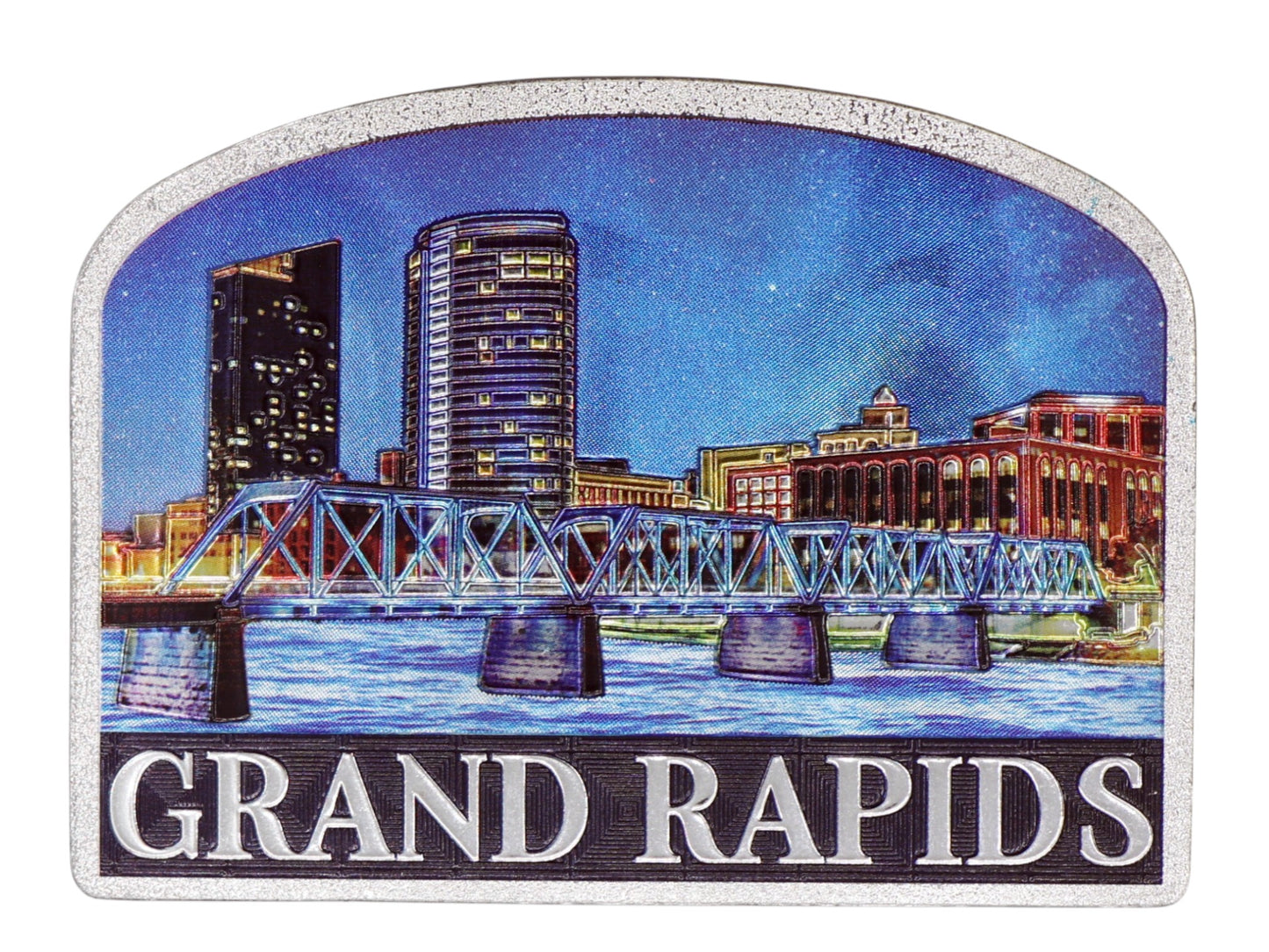 Grand Rapids Michigan Night City Sky River Bridge Foil Magnet 3.0"x 2.5"x 0.125"