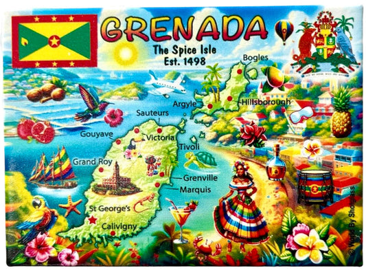 Grenada Graphic Map and Attractions Souvenir Fridge Magnet 2.5" X 3.5"