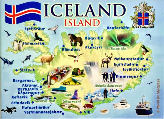 Iceland Graphic Map and Attractions Souvenir Fridge Magnet 2.5" X 3.5"