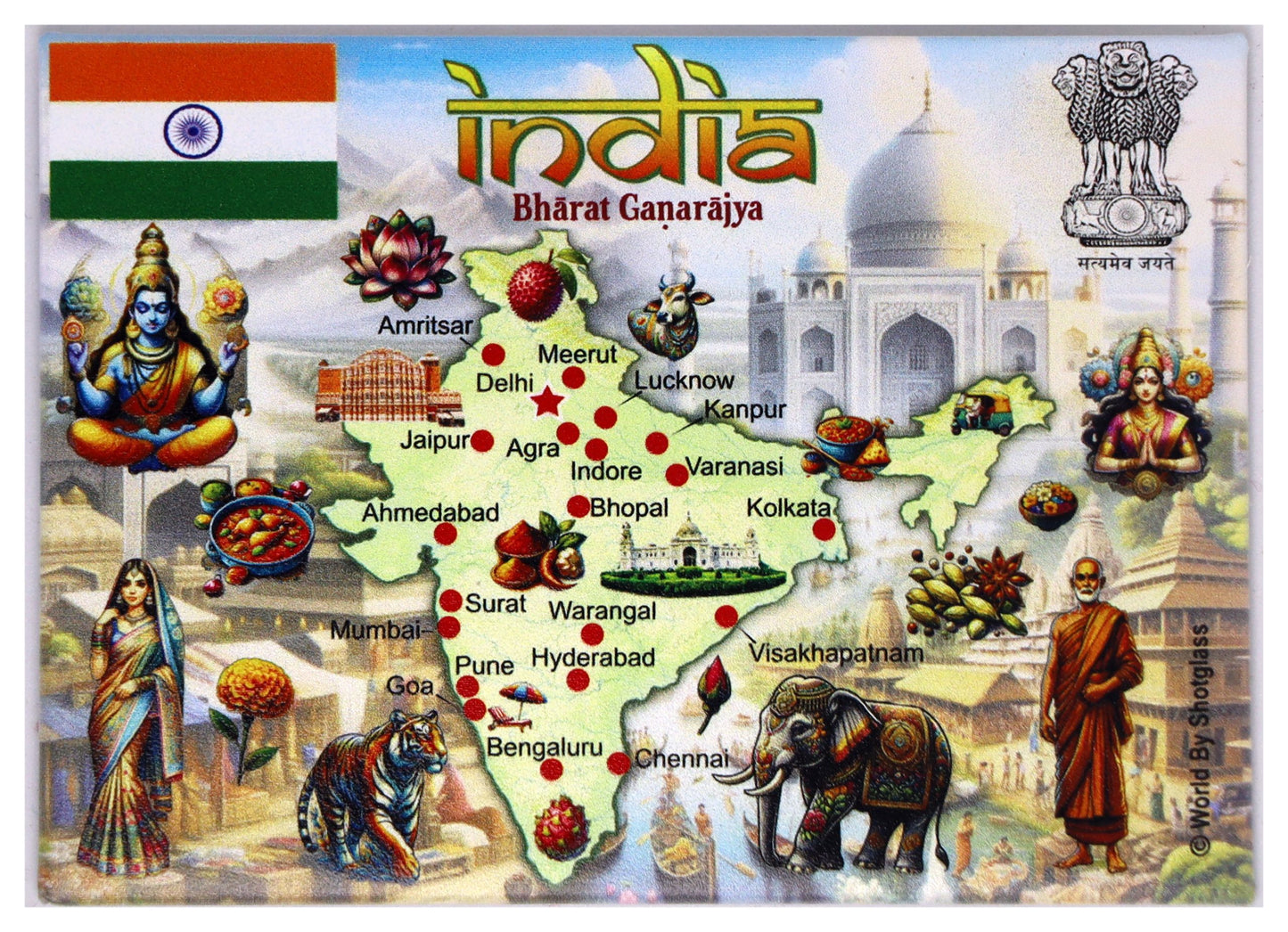 India Graphic Map and Attractions Souvenir Fridge Magnet 2.5 X 3.5