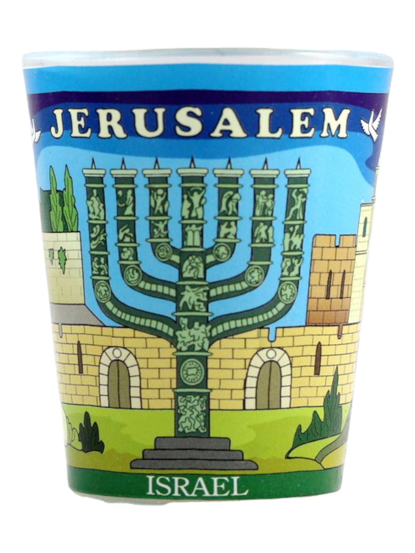 Jerusalem Israel Menorah and Landmarks Shot Glass
