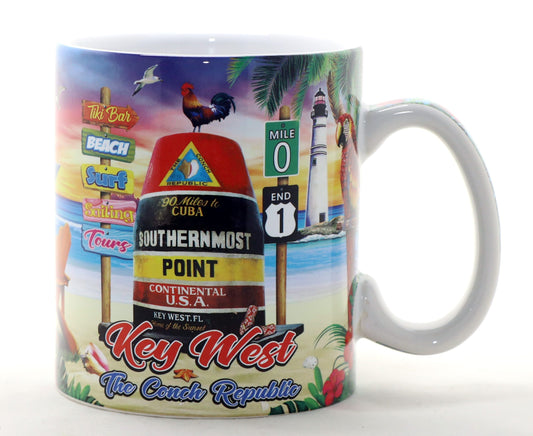 Key West Florida Scene Full Wrap Mug Souvenir Collectible Large Coffee Mug (4" H x 3.75" D) 18oz