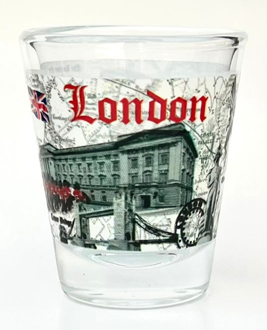 London England Landmarks and Icons Stamp Design Shot Glass