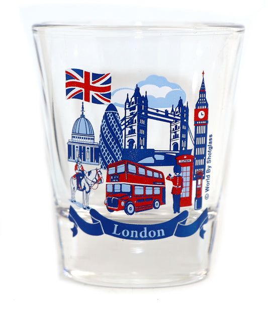 London England Landmarks and Icons Blue Ribbon Shot Glass